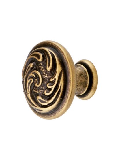 Swirl Design Cabinet Knob in Antique Brass Dark.